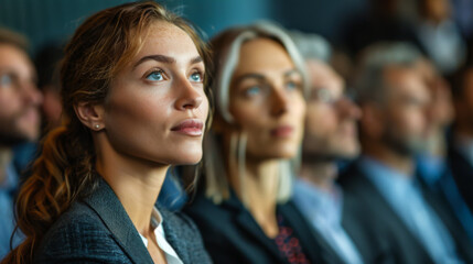 Obraz premium A group of colleagues in office clothes sits in a meeting room, listening to a speech. A young woman and a man listen to educational courses while working in the office.