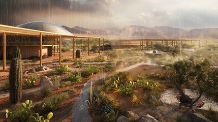 A concept of a rainwater harvesting system in a desert area, with advanced technology capturing and storing rain for agricultural and residential use.