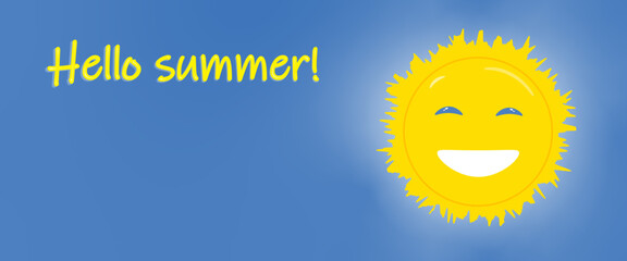 Banner with smiling sun and clear sky, text Hello summer!
