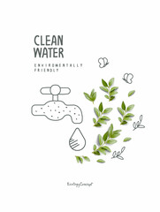 Сartoon sketch of tap with a drop of water. Illustration of Environmentally friendly planet. Sign...