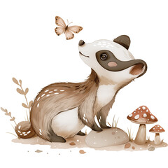 Cute watercolor badger with woodland mushrooms and butterfly