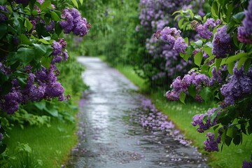 Garden Path Lined with Rain-Kissed Lilacs