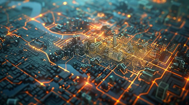 An overhead view of a sprawling urban landscape with advanced power infrastructure, highlighting smart grid implementation and energy management practices.