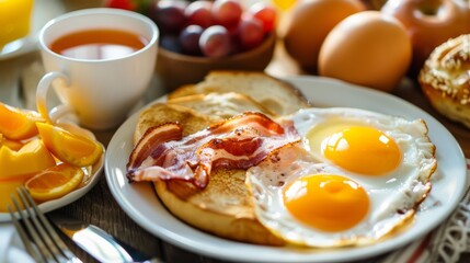 High angle view of an American breakfast made with fried eggs, toasted bread, bacon, pancakes, orange juice, coffee, and oranges.