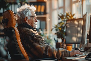 Elderly person sitting at an empty workstation, office interior, sad gaze, realistic style
