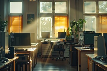 Empty office with turned-off computers, empty workstations, abandoned personal belongings of employees