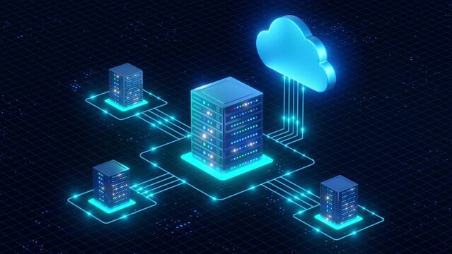 A digital cloud icon connected to multiple data servers, illustrating the concept of cloud computing and data storage networks.