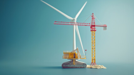 A construction crane and wind turbine model against a blue background, symbolizing renewable energy and infrastructure development.