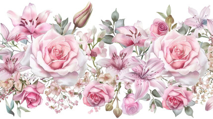 Bouquet of pink roses, lilies, spring blossom