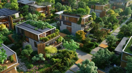 Obraz premium Arial view of a sustainable neighborhood, featuring green roofs, solar panels, and abundant garden spaces between eco-friendly houses.