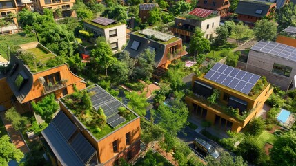 Fototapeta premium An overhead view of a sustainable neighborhood, featuring green roofs, solar panels, and abundant garden spaces between eco-friendly houses.