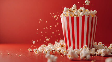 Red background with a red and white striped popcorn bucket. Some popcorn is inside the bucket and some is spilled outside of the bucket on the red surface.