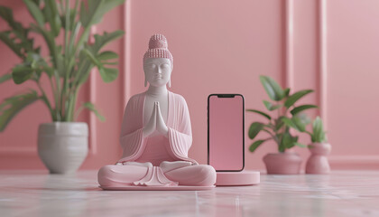 Pinkbuddha in meditation pose with smartphone.