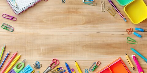a image of a wooden table with a bunch of school supplies