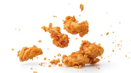 Crispy fried chicken falling apart isolated on white background