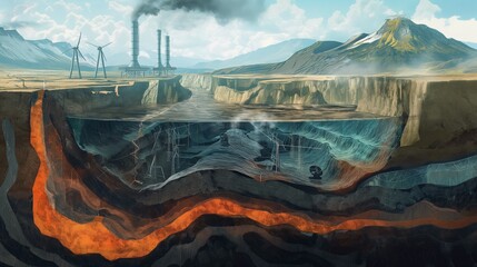 An underground cross-section illustration of geothermal heat being harnessed. The image shows layers of the Earth, with heat 