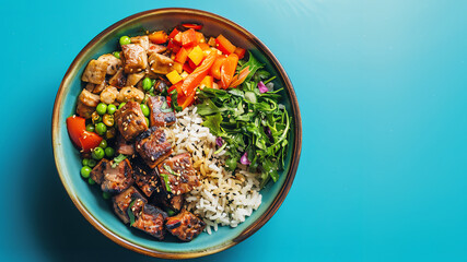 Colorful plate of a plant based meal with minimal meat and edible flower.