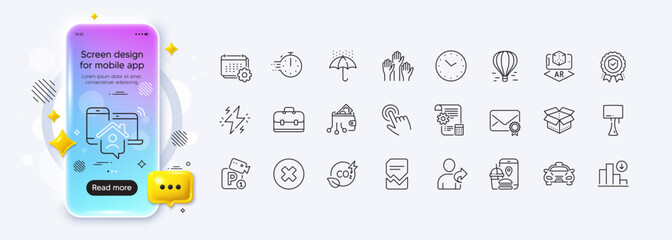 Augmented reality, Verified mail and Open box line icons for web app. Phone mockup gradient screen. Pack of Air balloon, Decreasing graph, Time pictogram icons. Vector