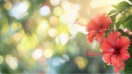 copy space of hibiscus flowers in the corner over soft blur background