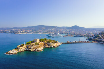 Pigeon Island with a Pirate castle. Kusadasi harbor, Aegean coast of Turkey. Aerial view