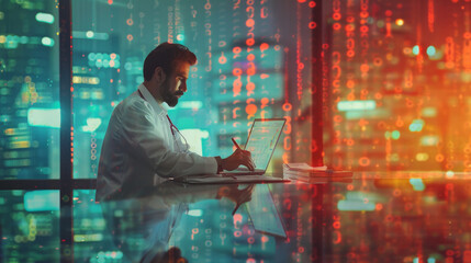 Professional man working on a laptop with a digital data overlay in a modern office setting, city lights in the background.