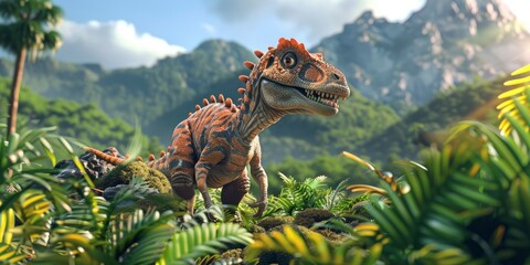 allosaurus in the jungle, mountains behind, green plants, vibrant colors