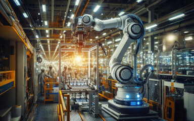 Fototapeta premium Advanced High Precision Robot Arms on Fully Automated PCB Assembly Line Inside Modern Electronics Factory. Electronic Devices Production Industry. Component Installation on Circuit Board