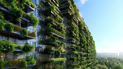 Naklejka premium A concept of a sustainable living complex with vertical gardens covering the building exteriors, enhancing air quality and building aesthetics.