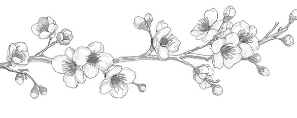 A line art drawing of a cherry blossom branch with a white background, coloring page for adults, thick lines, low detail, black and white