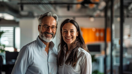 Portrait of office employees posing in the corridor of a modern office. Happy woman and man in office clothes working together indoors.