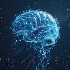 Glowing Blue Brain and Pair of Lungs: Polygonal Wireframe Illustration on Clean Dark Background