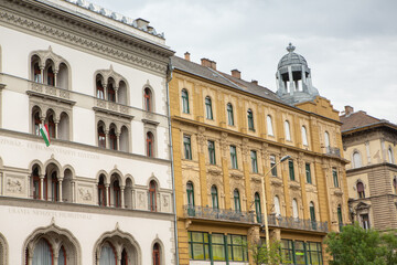 Very beautiful and colorful street in Budapest, the capital of Hungary. Street life in European city.