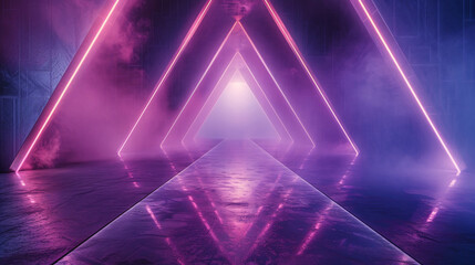 Fototapeta premium Abstract geometric shapes illuminated with purple and ultraviolet light on a futuristic stage