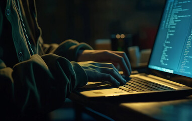 Hand of a man using a laptop computer to hack or steal data in the office. Data hacking concept
