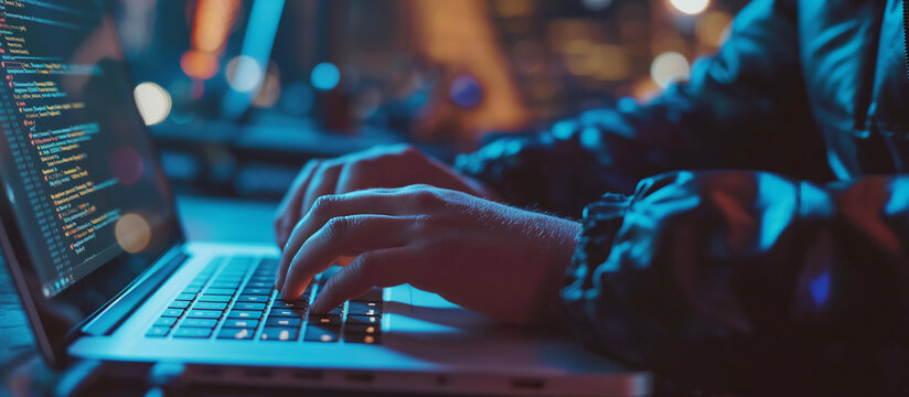Hand of a man using a laptop computer to hack or steal data in the office. Data hacking concept
