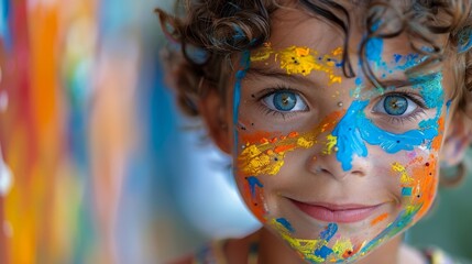 Close-up of a cheerful child with colorful face paint, smiling and enjoying a playful, artistic moment outdoors.