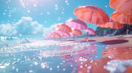 Colorful beach scene with pink umbrellas, blue sky, and sparkling ocean waves in a sunny day. Perfect for travel and vacation themes.