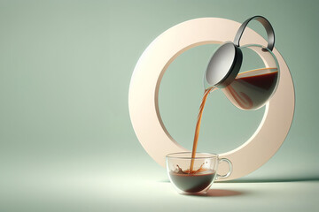3D rendering of glass coffee pot tilted mid-air, pouring coffee into handleless cup, both suspended against pale green background