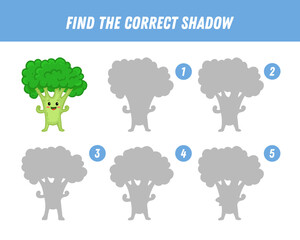 Find correct shadow of broccoli. Educational logical game for kids. Vegetable. Cartoon broccoli character. Vector 