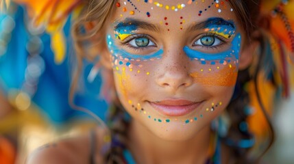 Obraz premium Colorful portrait of a young girl with vibrant face paint and intricate designs, highlighting her blue eyes and joyful expression.