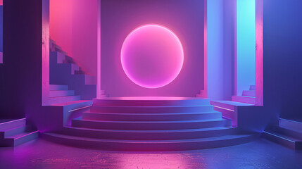 Abstract geometric shapes illuminated with purple and ultraviolet light on a futuristic stage