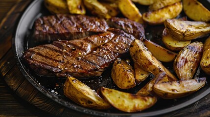 Obraz premium Delicious steak and potatoes with the addition of parsley to the dish. The steak was cooked perfectly and the potatoes were soft and golden brown