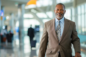 A mature African man in a suit and tie confidently walks through a modern airport terminal. He carries a briefcase and has a serious expression, reflecting professionalism and determination.