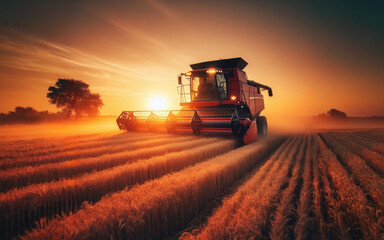 Fototapeta premium Combine harvester harvesting ripe wheat on big wheat field and tractor