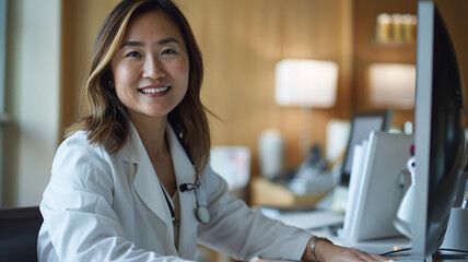 Female doctor standing in hospital, working on computer