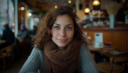 Portrait of a woman in the night, cafe night, curly brown hair. 