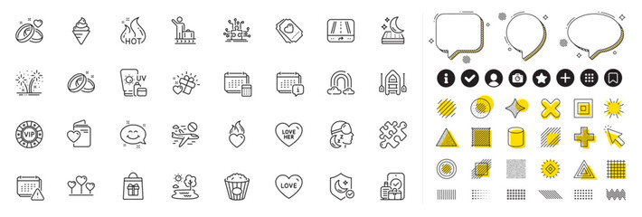Set of Luggage belt, Gps and Mattress line icons for web app. Design elements, Social media icons. Insomnia, Love heart, Popcorn icons. Calendar, Smile chat, Wedding rings signs. Vector