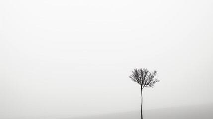 Fototapeta premium Lonely single deciduous trees without leaves minimalist white foggy mirror reflective lake sky background copy space