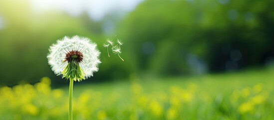 Dandelion in front of a green background. copy space available