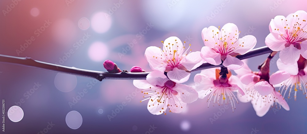 Poster pink blossoming almond tree with bokeh light background pink flowers for spring time background clos